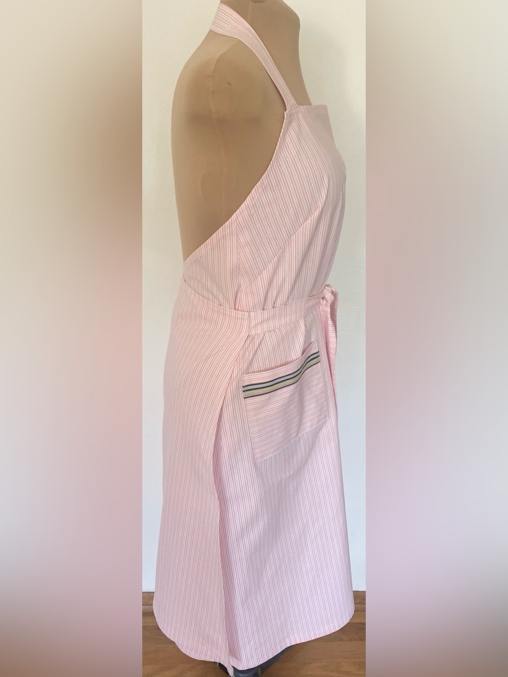 Vintage 70s-Inspired Boho Apron Dress Set *X-Large* Pink Stripe Halter Wrap - Picture 3 of 9